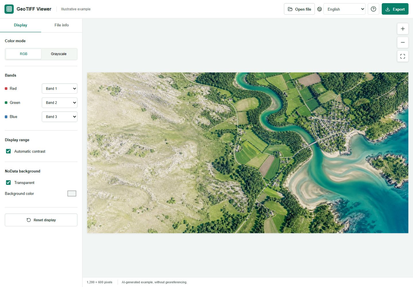 GeoTIFF viewer showing the example image and display controls